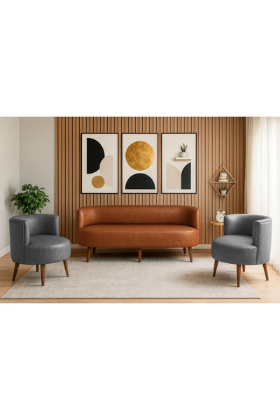 Azra Mobilya Sydney Koltuk Takımı 3+1+1 | Dekoratif Modern Deri Koltuk Seti | Ofis ve Ev Kullanımı - TABA / GRİ