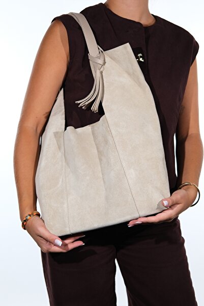 LuviShoes Orlitha Beige Genuine Leather Suede Women's Shoulder Bag