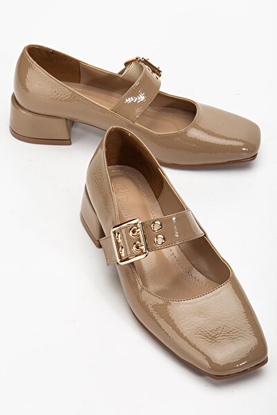 Dilimler Ayakkabı Women's Short Heeled Shoes Mink Patent Leather with Hard Toe Blunt Toe