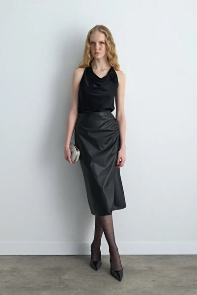 Gusto Anvelop Kesim Deri Etek - Siyah