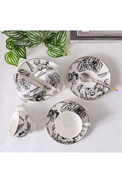 Danube Home Youthful Bite Peonies Tea Set – 8-Piece Floral Porcelain Cups & Saucers, Elegant Gift Set