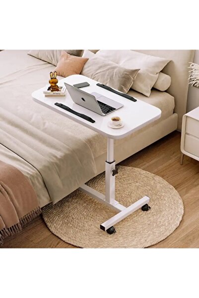 Un طاولة مع عجلات قابلة للتعديل وضبط الارتفاع للكمبيوتر المحمول ومكتب باللون الأبيض