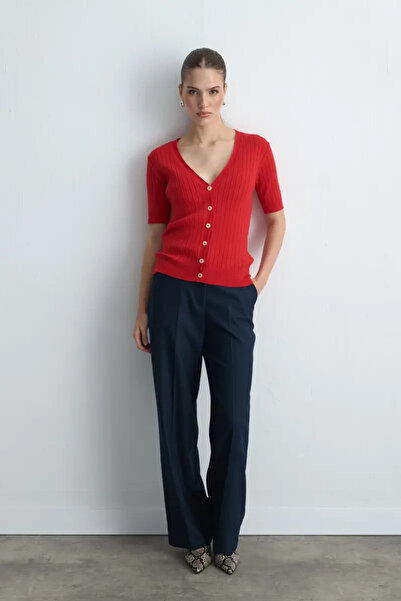 Gusto Kısa Kollu Ribana Triko Hırka - Kırmızı