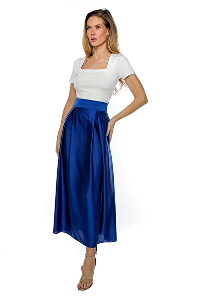 Muse Mark Fustă midi din satin albastru regal cu talie înaltă
