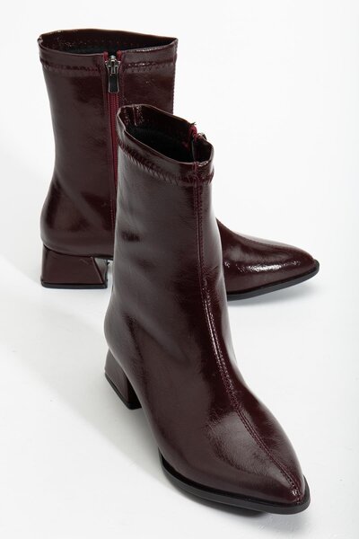 Dilimler Ayakkabı kadın Kısa Topuklu Bot Bordo Rugan Yüzü Dikişli