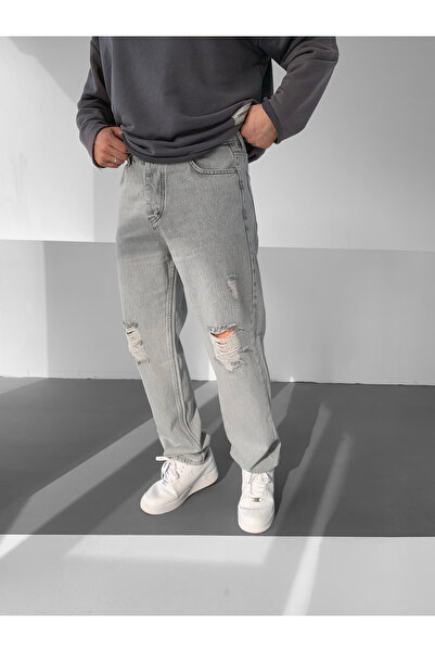 NO1 KONSEPT Γκρι τζιν παντελόνι με σκισίματα