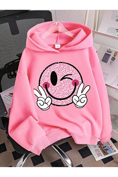 Afri Lány rózsaszín kapucnis pulóver – Emoji mintával, kényelmes, túlméretezett
