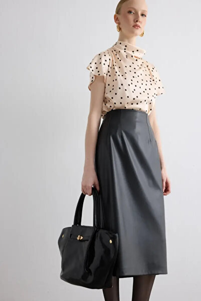 Gusto Uzun Deri Etek - Siyah