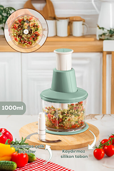 Porsima 232 Basmalı Pratik El Rondosu 3 Bıçaklı Blender Doğrayıcı 1000ml Yeşil