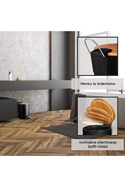 Elindor ® Kitchen Trash Can with Pedal, with Bamboo Lid, Suitable for Selective Collection, Black