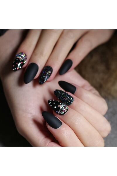 KESNUP Σετ 24 αυτοκόλλητων ψεύτικων νυχιών σε χρώμα αμυγδάλου μαύρο με στρας