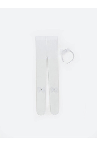 LC Waikiki Lcw Kids White Bow Detailed Girls' Pantyhose and Crown