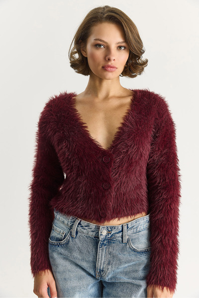 Bianco Lucci Women's V-Neck Buttoned Soft Bearded Knitwear Cardigan 9034 60283565