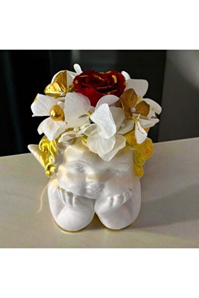 velve Decoratiune din ceramica in forma de inger, cu trandafir si hortensii c...