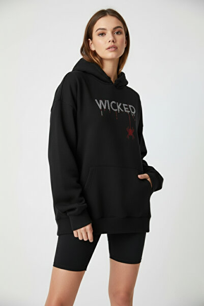 BRF Collection Women's Oversized Stone Embroidered'Wicked' Hoodie - Black