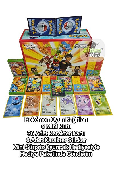 Emrah Gültekin Pokemon Oyun Kağıtları 6 Mini Kutu | 36 Karakter Kartı + 6 Sti...