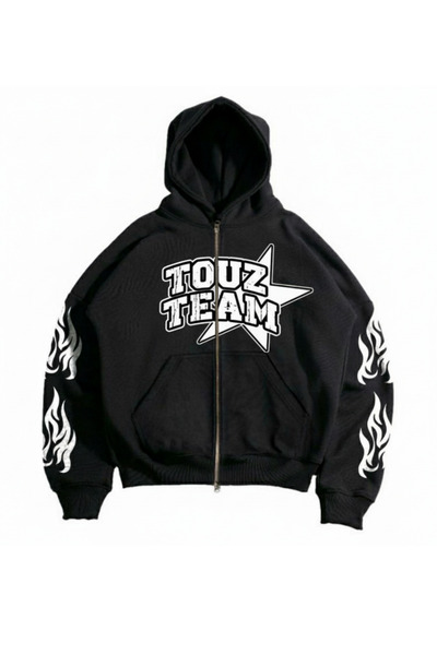 Touz Moda سترة بقلنسوة سوداء كبيرة الحجم مطبوعة بسحاب للجنسين