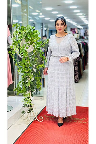 live forever Plus Size Light Gray Chiffon Long Evening Dress – Jewel Neck Ele...