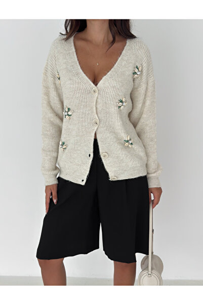 b buhari bykoc Кам'яний квітковий детальний V-подібний комір трикотажний кард...