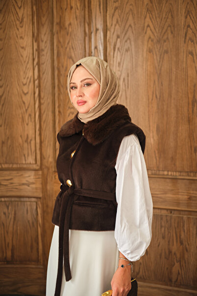 LOCCO Kadın Yaka Kürklü Yelek Kahverengi