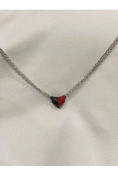 Herşey Nota Red and Black Magnetic Heart Couple Necklace – Unisex Set of 2 Meaningful Design