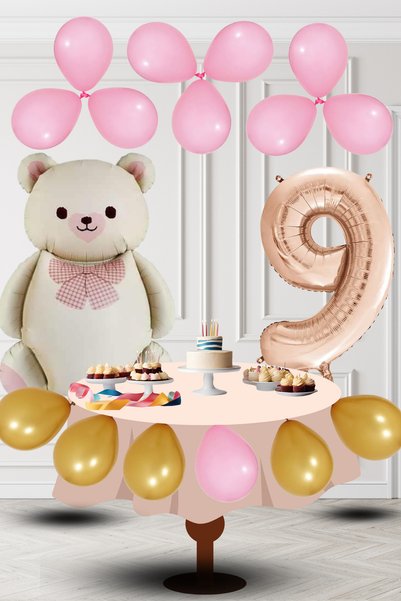 tedaks 9 Year Old Retro Foil Cream Teddy Bear Pink Gold Balloon Rose Gold Num...