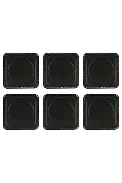 2K Coasters, Set of 6, Desktop Round Cup Coaster, Vegan Faux Leather, 11X11 Cm., Black