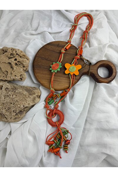 SEDEF TAKI Ahşap çiçekli el yapımı uzun bohem kolye