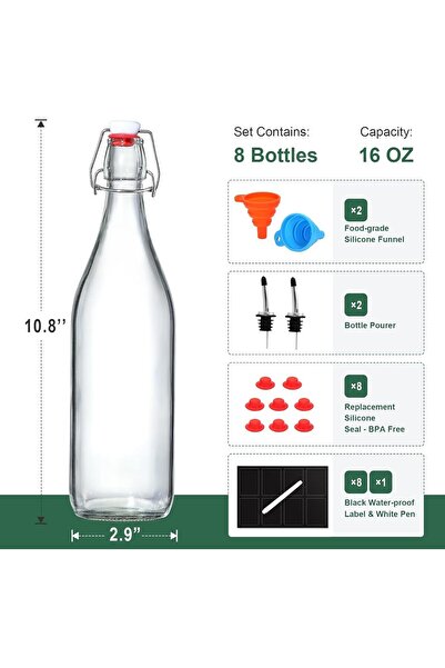 Velora World 8 Pack 16oz Glass Bottles – Flip Top Airtight Lids with Labels, Pen & 2 Pourers