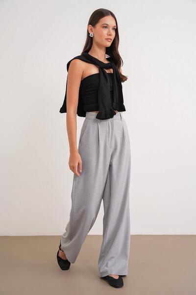Mixray 4747 Women's Wide Leg Flowy Palazzo Pants with Pockets Gray