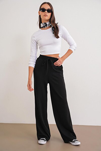 Mixray 4757 Women's Elastic Wide Leg Knitted Flowy Thessaloniki Pants Black