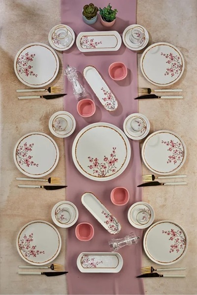 Erbaşlar Lüx Seramik Sakura Çiçeği 6 Kişilik 21 Parça Kahvaltı Takımı, Seti