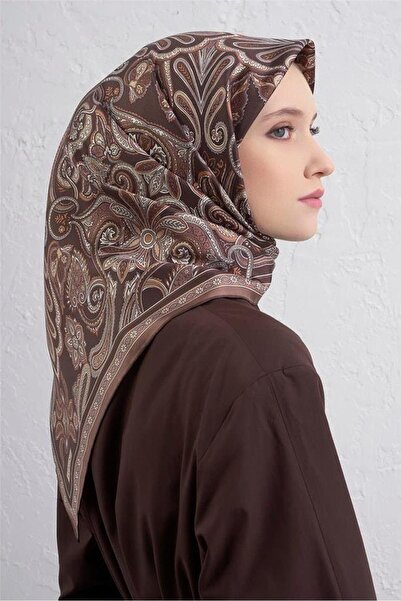 Armine Tivil Saf İpek Eşarp 9421 - 32 Kahverengi Karışık Desen