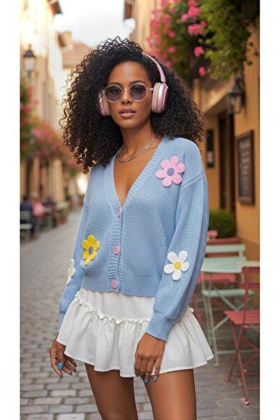 NİLZA Oversize Renkli Çiçek Detaylı Düğmeli Triko Hırka