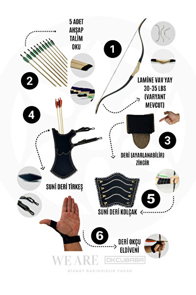 okcubaba Geleneksel Okçuluk Lamine 'Vav' Set- Vav Yay + 5 Ok + Zihgir + Tirke...