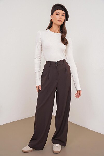 Mixray 4747 Women's Wide Leg Flowy Palazzo Pants with Pockets Brown