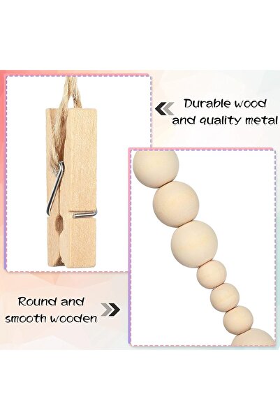 fulina 2PCS Wall Hanging Photo Display,Wooden Beads Garland 4 Feet Boho Collage Picture Frame,9 Wood Clip