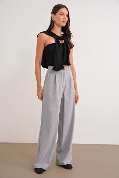 Mixray 4747 Women's Wide Leg Flowy Palazzo Pants with Pockets Gray