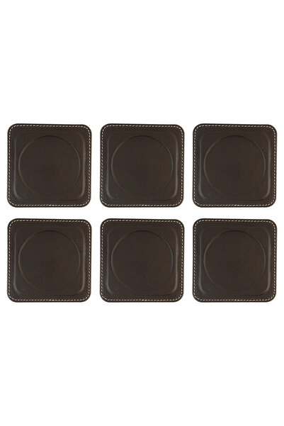 2K Coasters, Set of 6, Desktop Round Cup Coaster, Vegan Faux Leather, 11X11 Cm., Brown