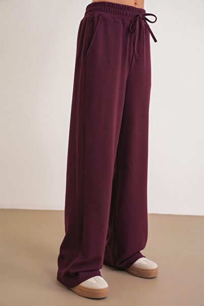 Mixray 4757 Women's Elastic Wide Leg Knitted Flowy Thessaloniki Pants Plum