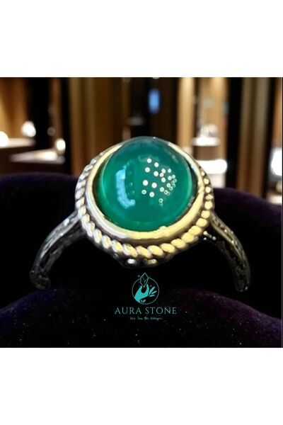 AURA STONE خاتم صغير من البرونز قابل للتعديل من حجر العقيق الأخضر الطبيعي من ...