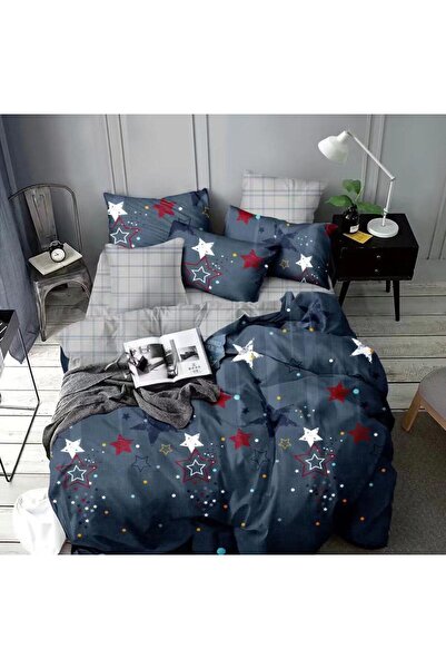 JOJO HOME Bed linen, 4 pieces, 1 person, 155x230cm, fine cotton, Navy blue with stars