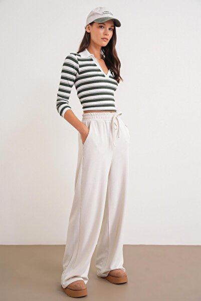 Mixray 4757 Women's Elastic Wide Leg Knitted Flowy Thessaloniki Pants Stone