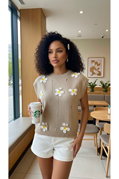 NİLZA Papatya Detaylı Triko Oversize Süveter