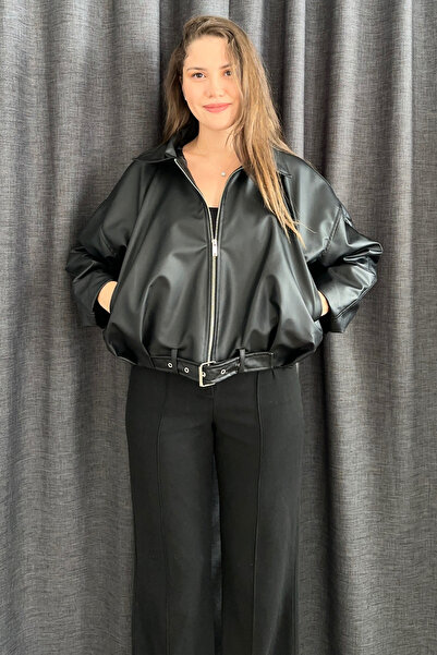 Sorridi سترة جلدية كبيرة الحجم بحزام على الخصر