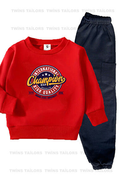 twins tailors Астронавт с принт, подплатен с флис, 2-компонентен комплект, тъмносин и червен унисекс детски спортен екип