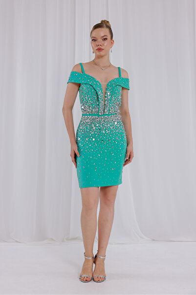 BDM Exclusive Krep Kumaş Yapıştırma Taş Detaylı Kısa Abiye Elbise