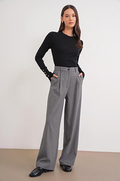 Mixray 4747 Women's Wide Leg Flowy Palazzo Pants with Pockets Anthracite