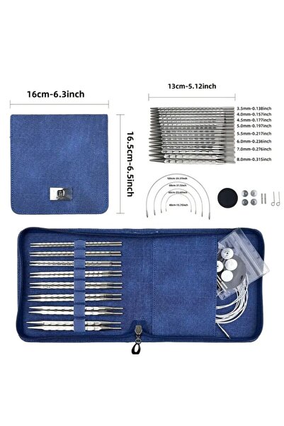 iğne izi mavi çantalı misinalı şiş seti, örgü kiti, 8 çift şiş seti, çantalı ...