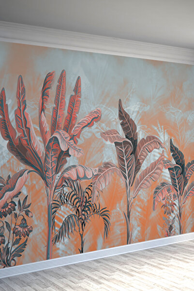 dreamwall Turuncu Açık Mavi Tropikal Yaprak Desenli Tek Parça Silinebilir Tek...